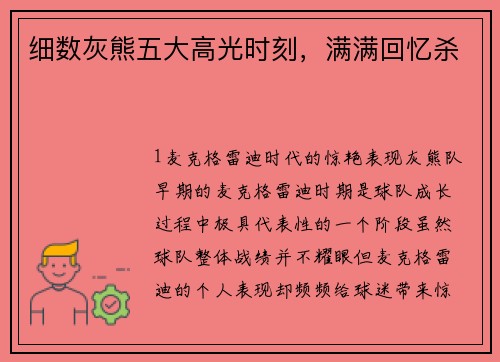 细数灰熊五大高光时刻，满满回忆杀